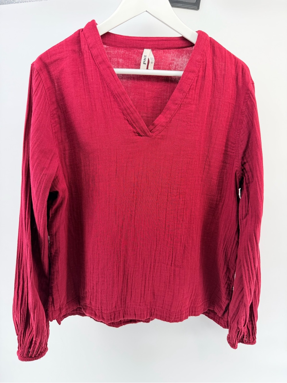 Pact Gauze Daily Cranberry V-Neck Long Sleeve Top